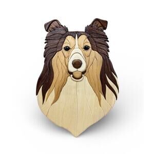 Handmade Intarsia Collie Wood Wall Hanging 18x12
